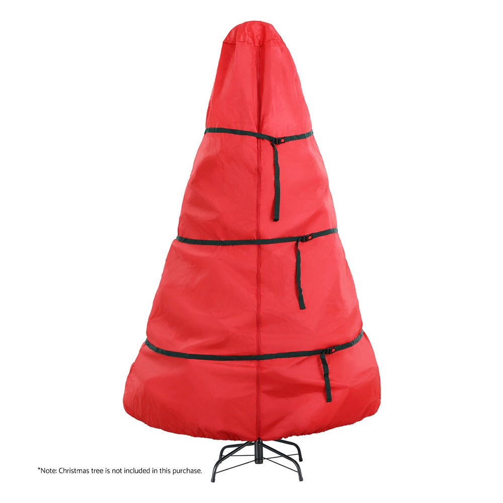 Red Christmas tree storage bag with black strap bands, drawcord cinches, and zip top.