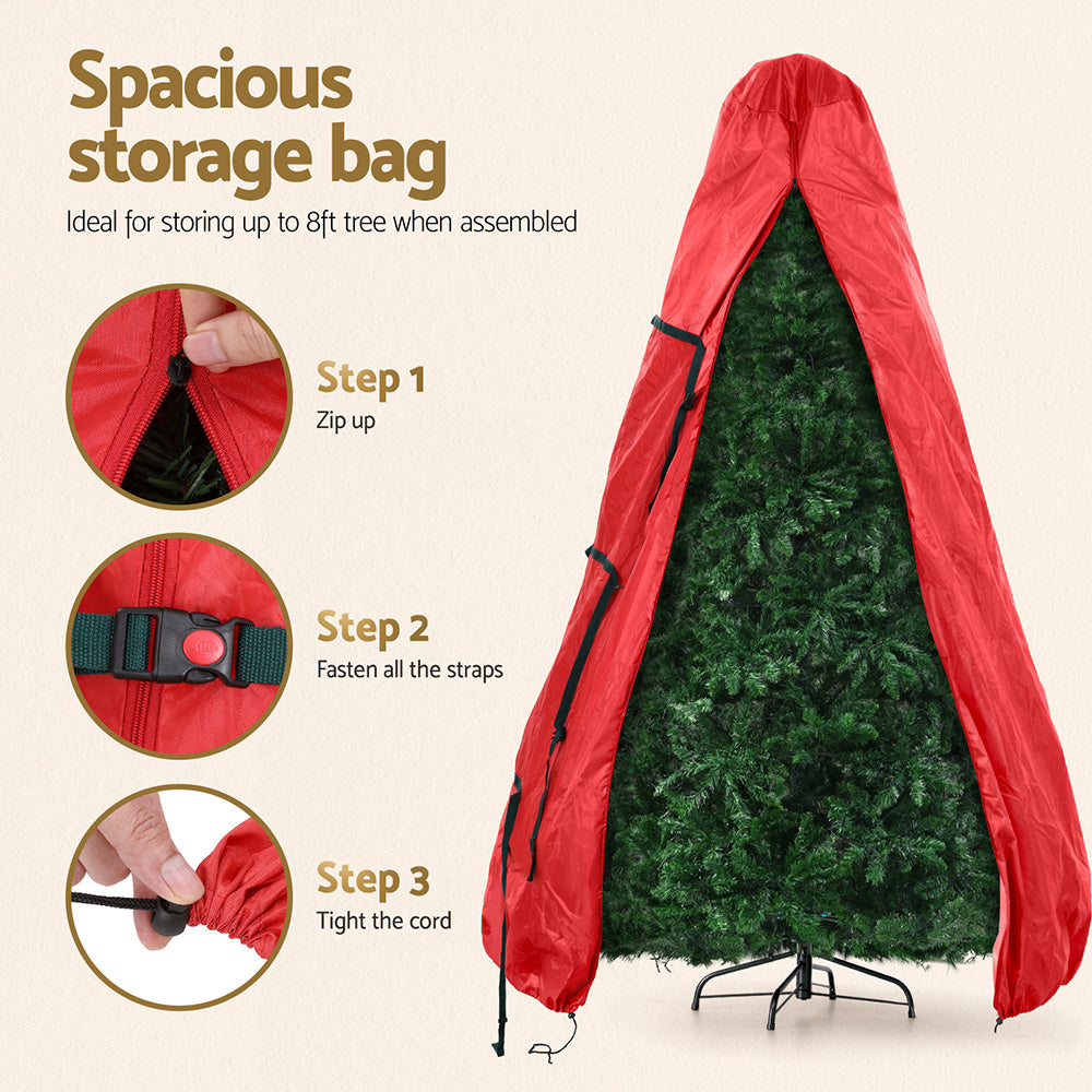 Red spacious Christmas tree storage bag with black straps and cord closure for assembly.