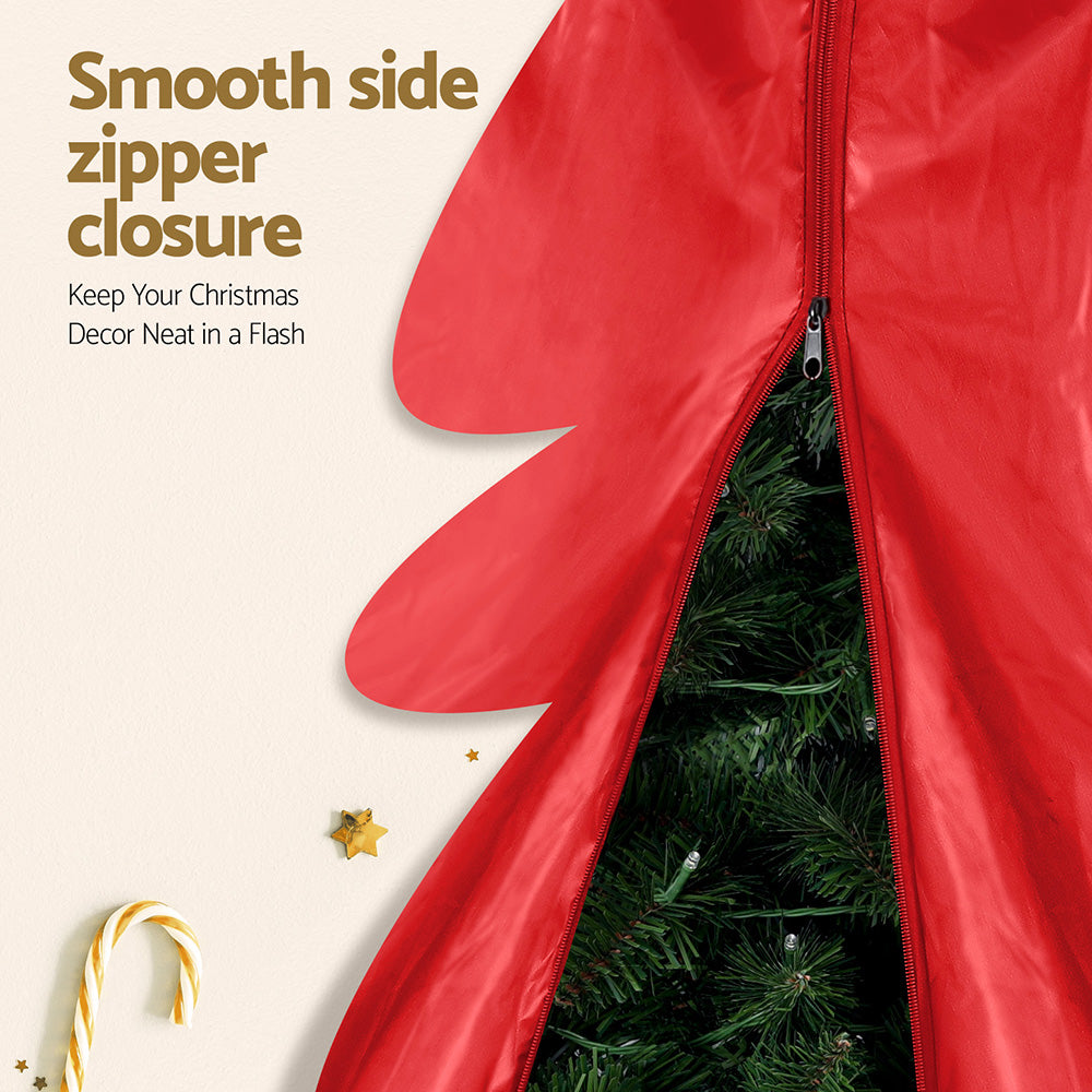 Red Christmas tree storage bag with smooth zipper closure and open top.