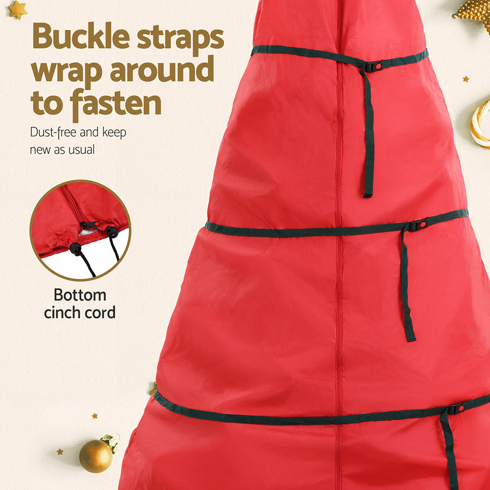 Red Christmas tree storage bag with black buckle straps and bottom cinch cord.