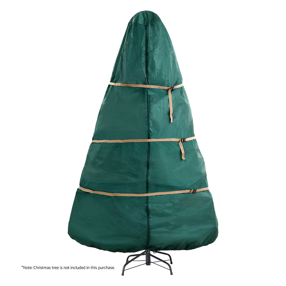 Green Christmas tree storage bag with top cover and three strap bands, cinch bottom