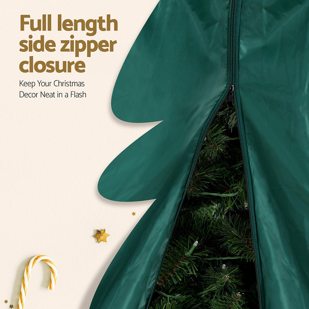 Green storage bag with full-length side zipper opening and metal zipper pull