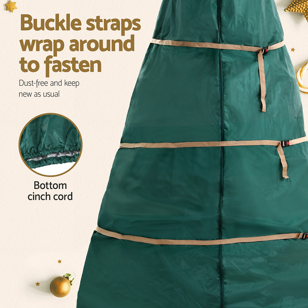 Green tree storage bag with buckle strap ties and bottom cinch cord