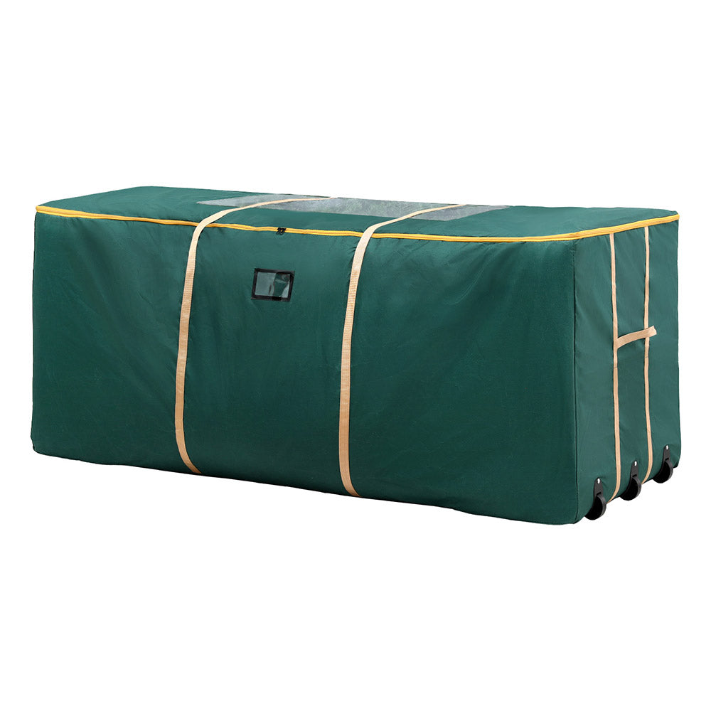 Green Christmas tree storage bag with front handle straps and corner wheels.