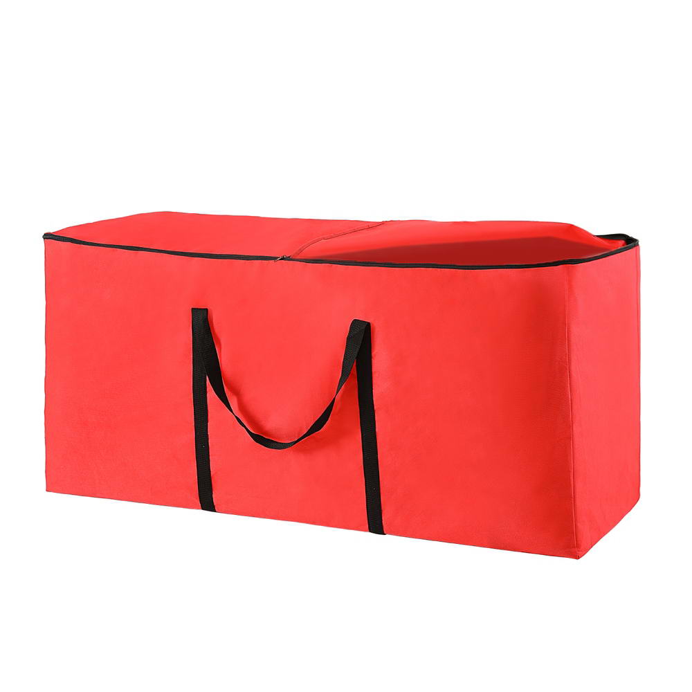 Red Christmas tree storage bag with black handles and zip top