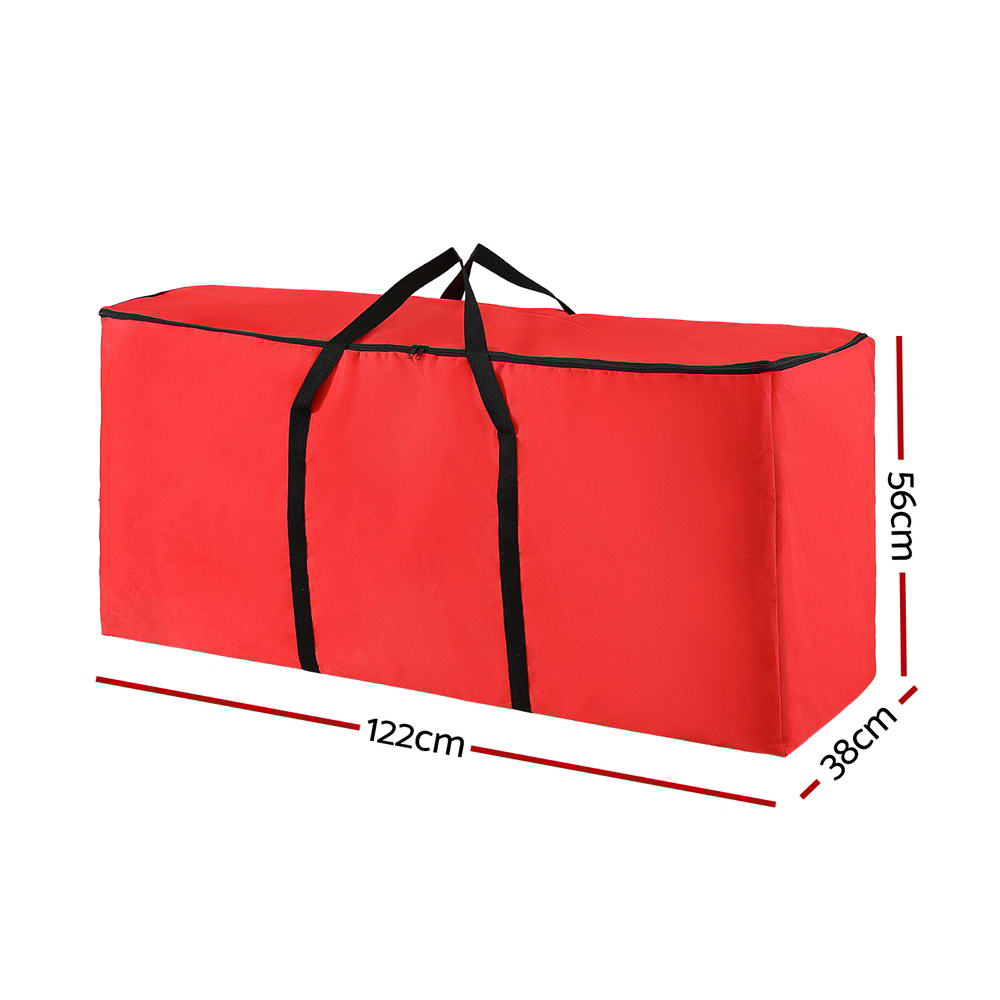 Red tree storage bag with black handles; approx 122 x 38 x 65 cm