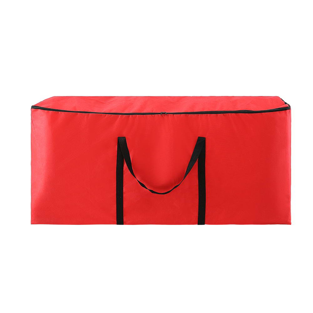 Red fabric Christmas tree storage bag with two black carry handles