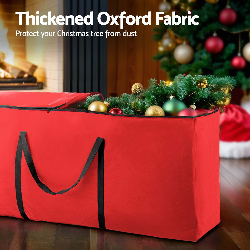 Red Christmas tree storage bag with zip opening and black handles