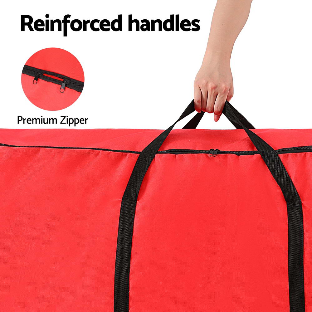 Red Christmas tree storage bag with reinforced black handles and zipper