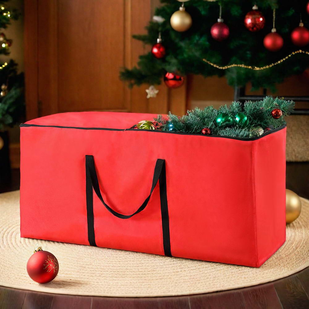 Red Christmas tree storage bag with black handles and closed top