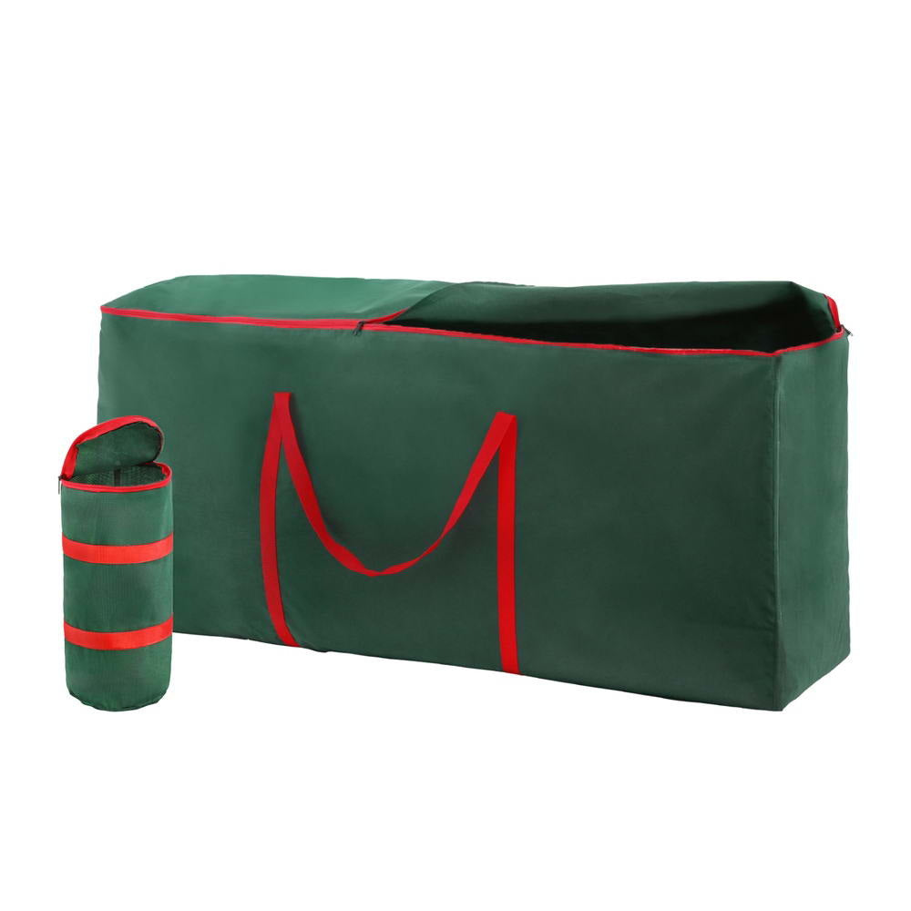 Green Christmas baubles storage bag with red handles and matching cylindrical organizer bag.