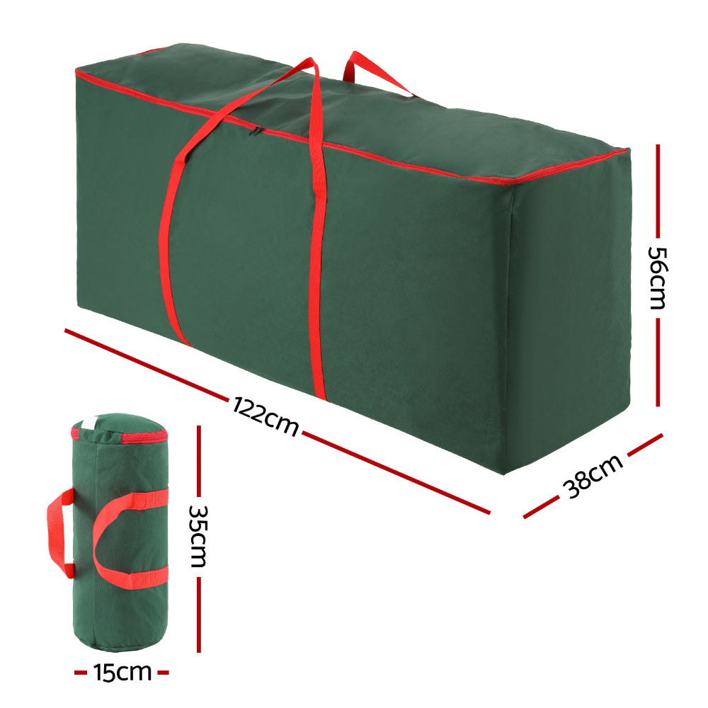 Rectangular green ornament storage bag with red straps and a matching green cylindrical bag.