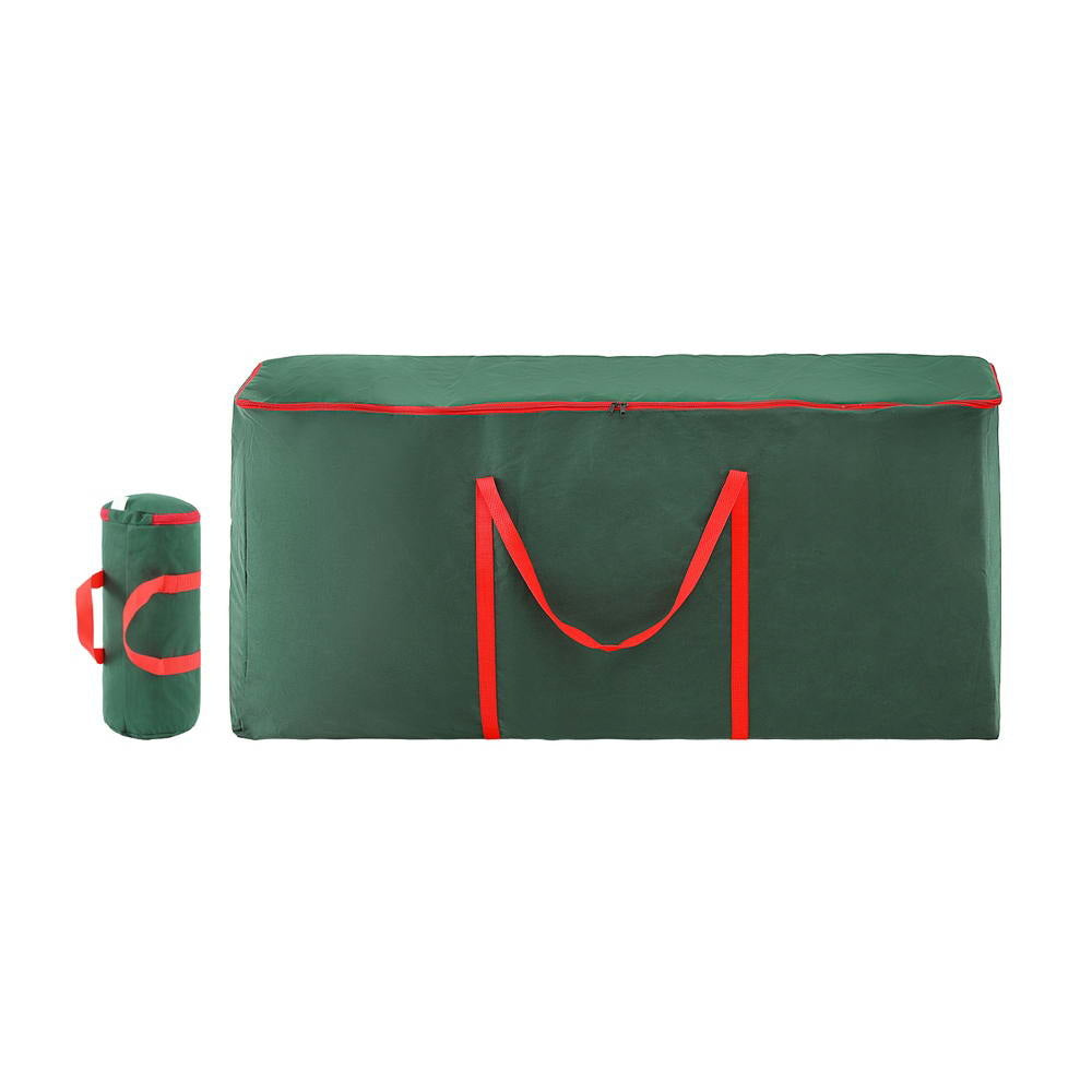 Green Christmas baubles storage bag with red U-shaped carrying handles and a small cylinder bag.