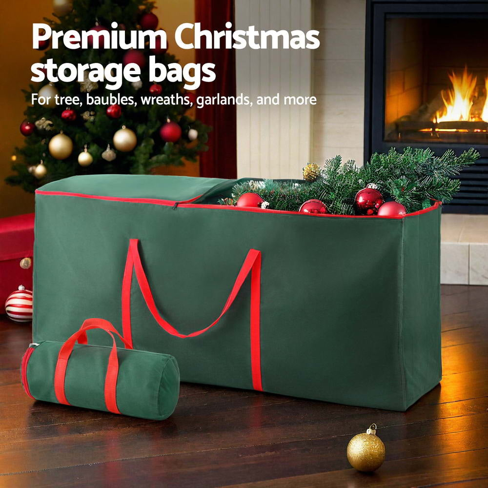 Green ornament storage box-style bag with red trim, plus matching cylindrical storage bag.