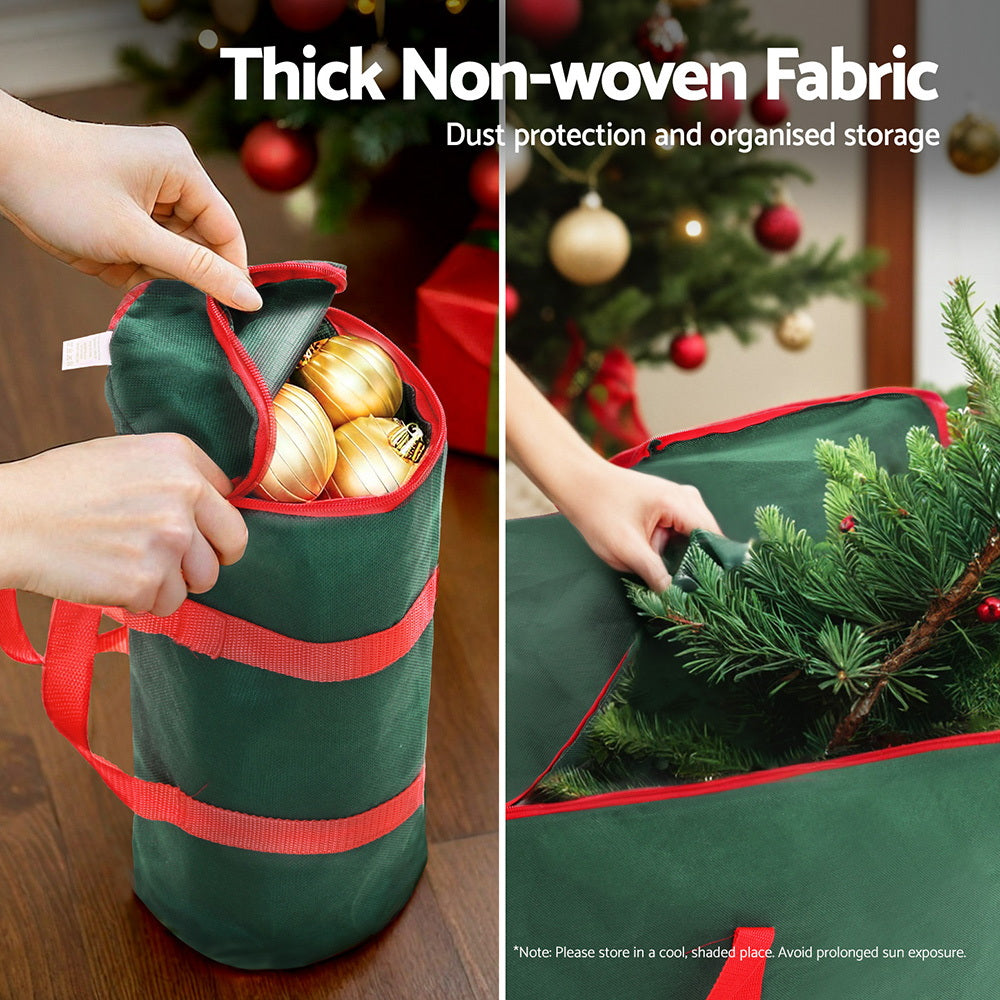 Green cylindrical storage bag with red zipper opening; shows baubles inside and protective fabric lid.