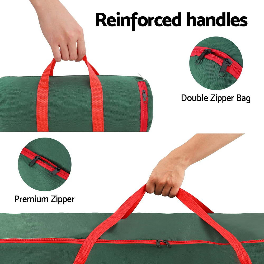 Green double-zipper storage bag with reinforced red handles and zipper detail.