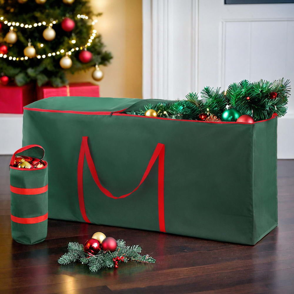 Green ornament storage bag with red handles and side cylindrical organizer bag.