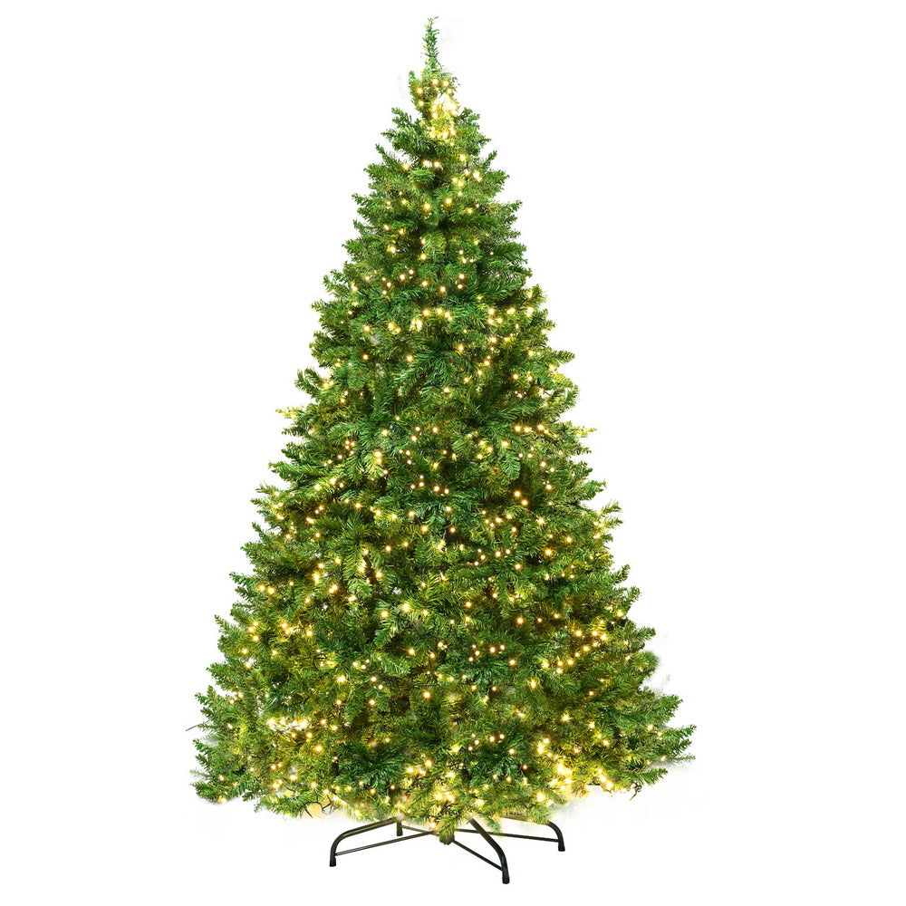 LED pre-lit Christmas tree with dark green branches and warm yellow lights, metal stand