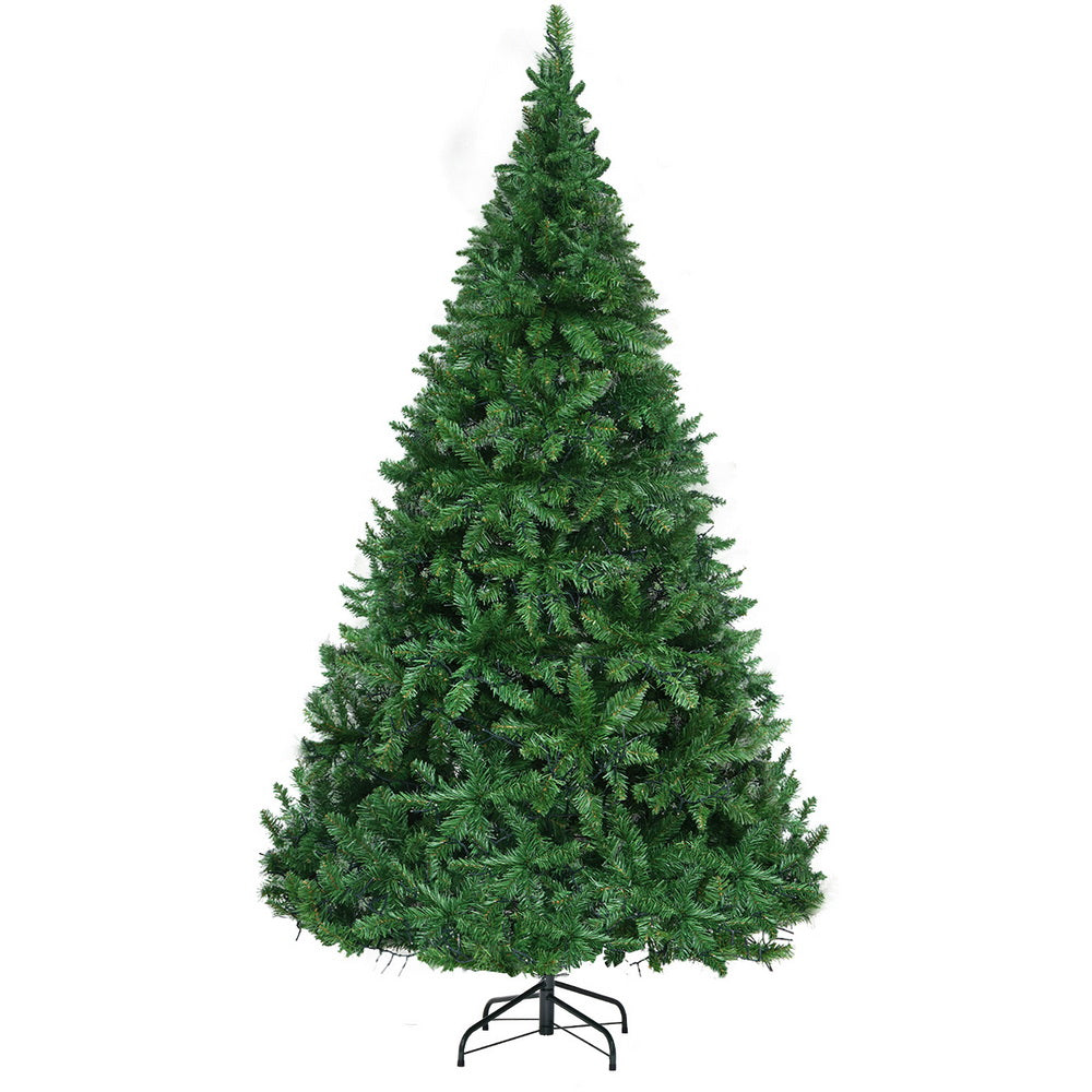 LED pre-lit Christmas tree with dark green foliage and warm yellow lights, angled view