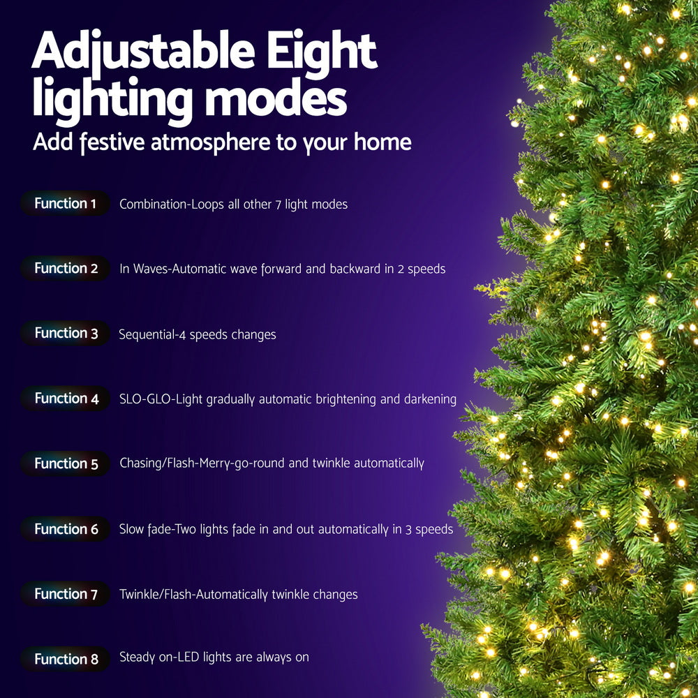 LED pre-lit Christmas tree lighting modes feature graphic with warm yellow lights