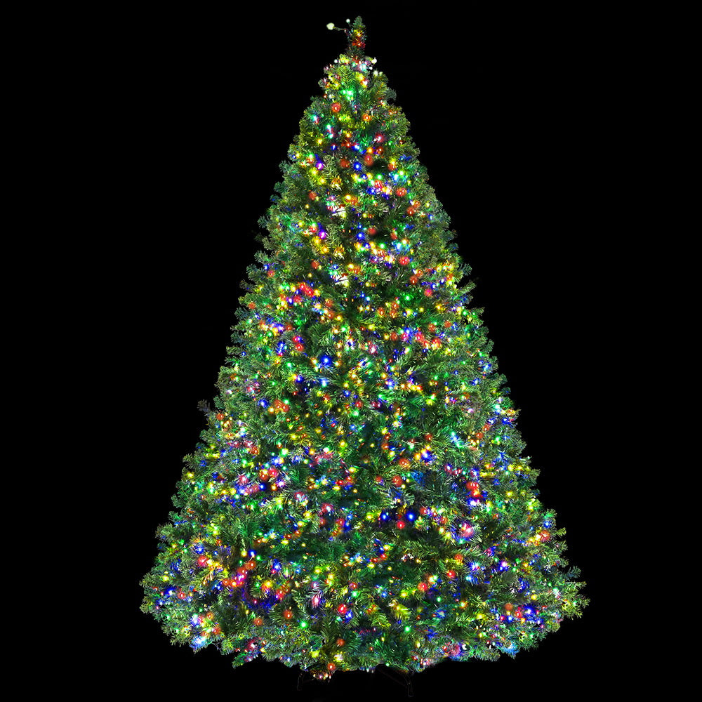Pre-lit Christmas tree decoration with green foliage and multi-colour lights, full conical shape