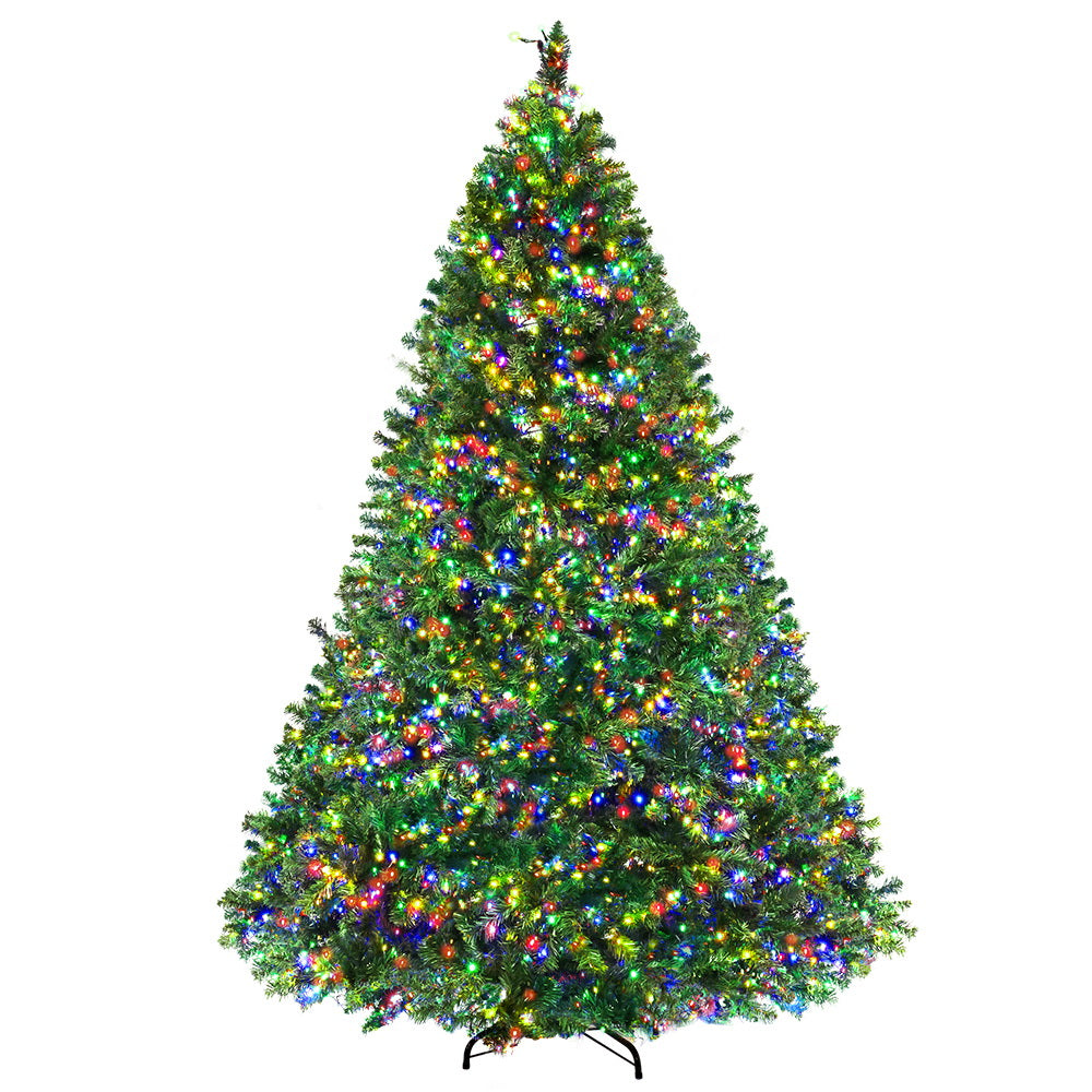 Pre-lit Christmas tree decoration with green branches and multi-colour light string, front view