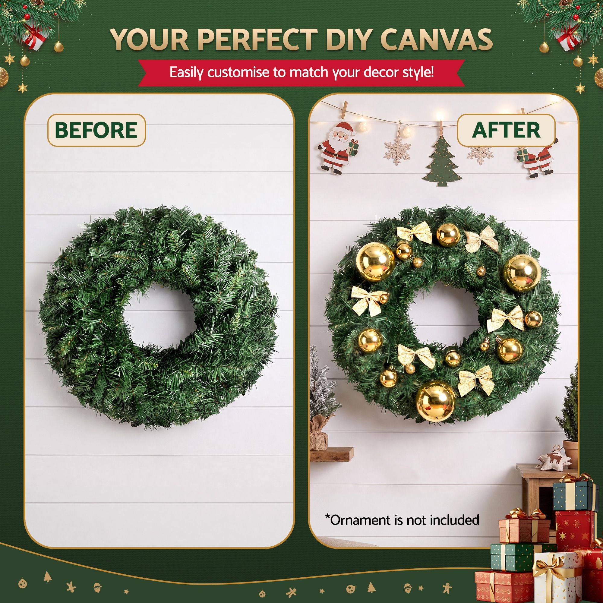Jingle Jollys Christmas Wreath 60cm Artificial Green Garland Door Decoration 420 Tips Xmas Bush Bedworld