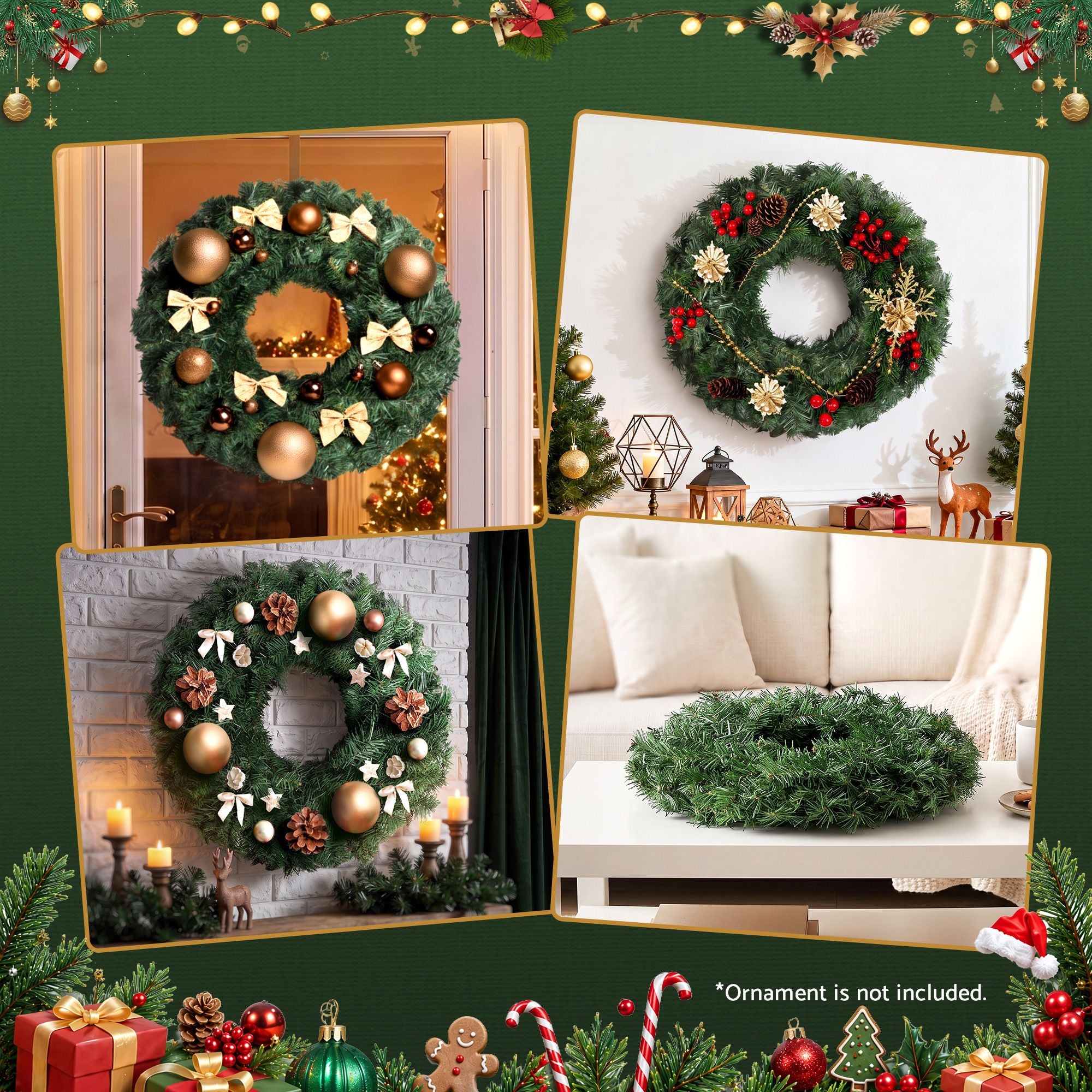 Jingle Jollys Christmas Wreath 60cm Artificial Green Garland Door Decoration 420 Tips Xmas Bush Bedworld