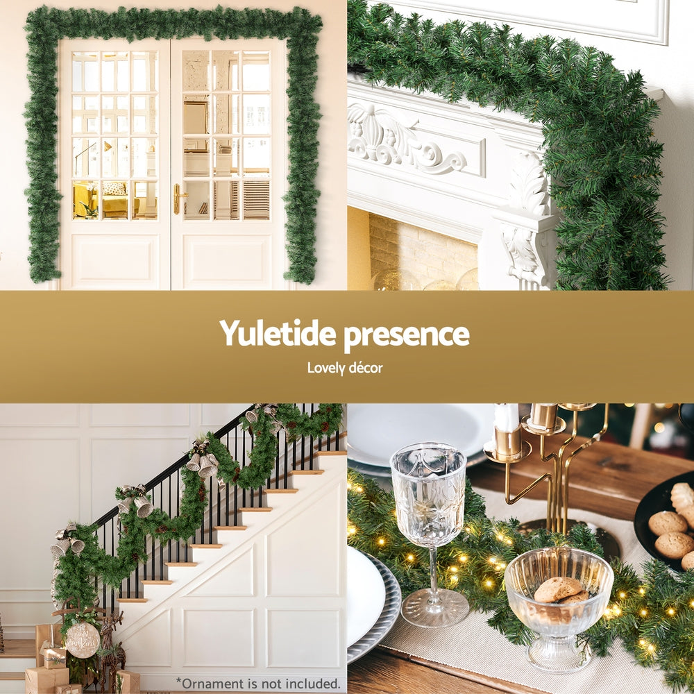 Christmas garland with green foliage and warm LED lights for mantel décor