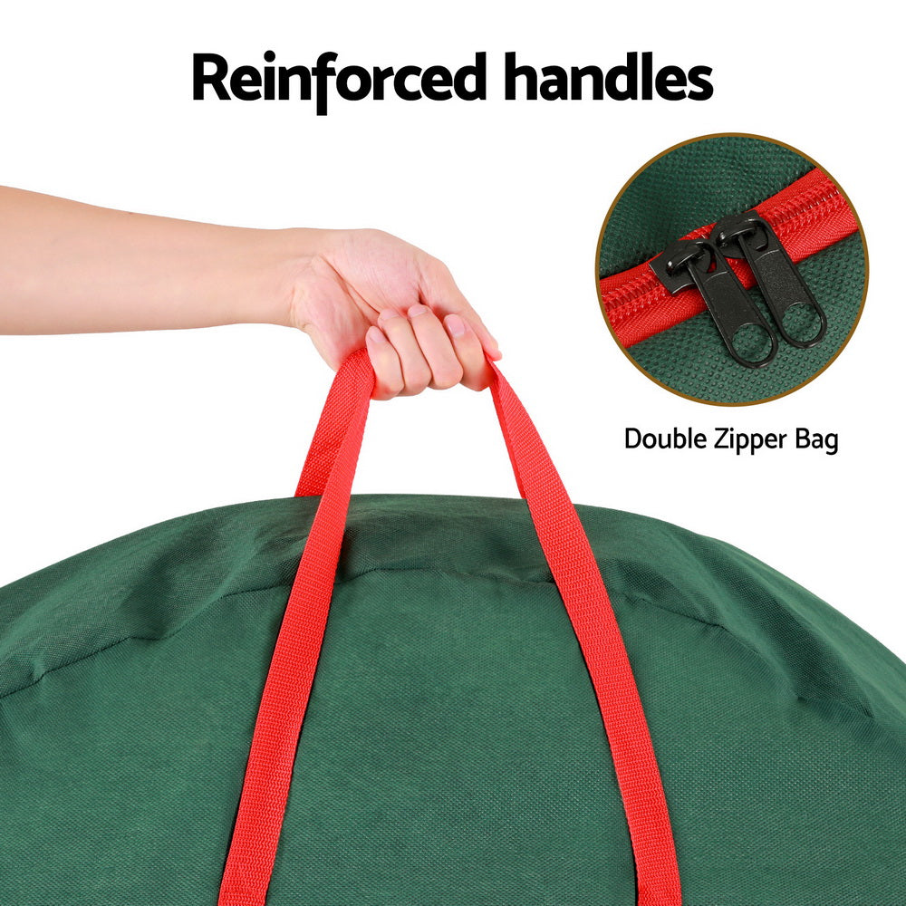Green storage bag with red reinforced handles and visible black zipper trim