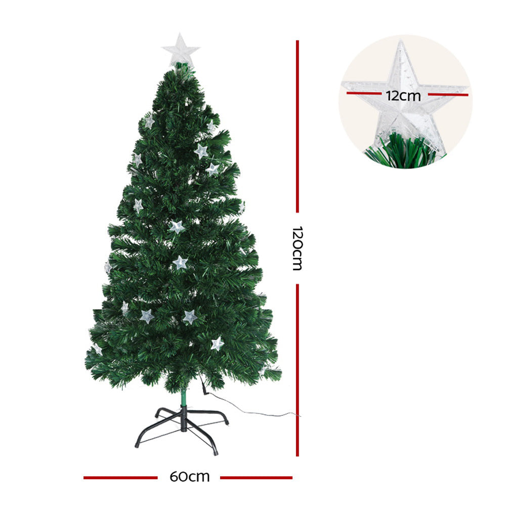 Green Christmas tree with white star topper and silver star LED decorations