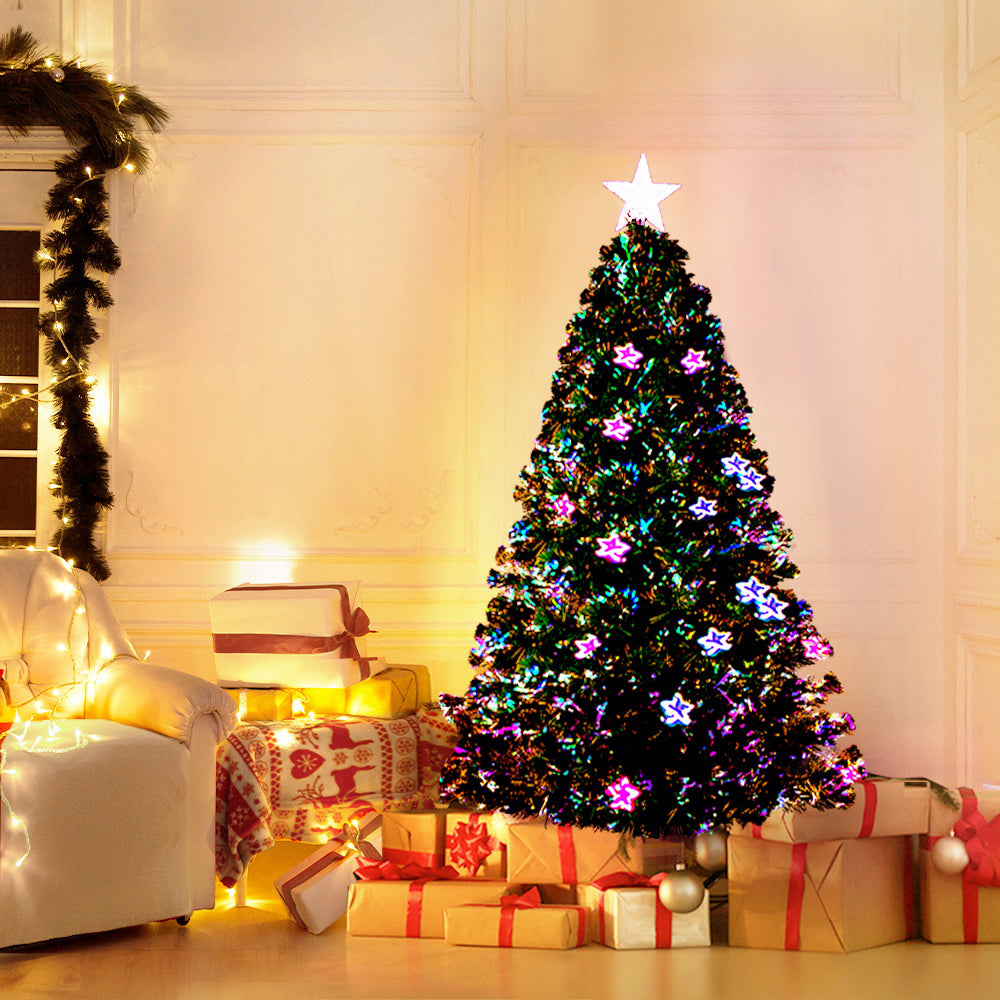 Lit multi-color Christmas tree with star topper and optic fibre LED star lights
