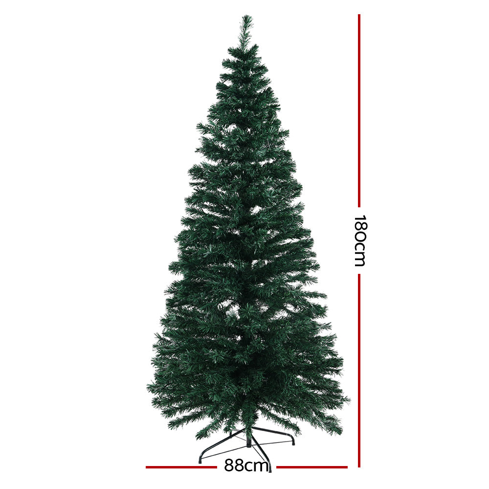 Green Christmas tree, 180cm tall, warm white optic fibre LED lights on stand