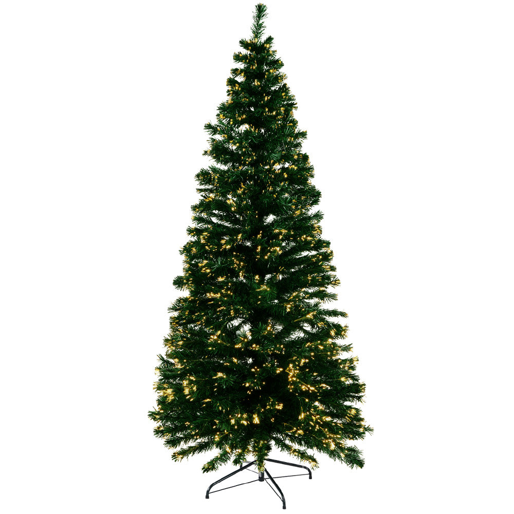 Prelit green Christmas tree with warm white optic fibre LED lights and metal stand