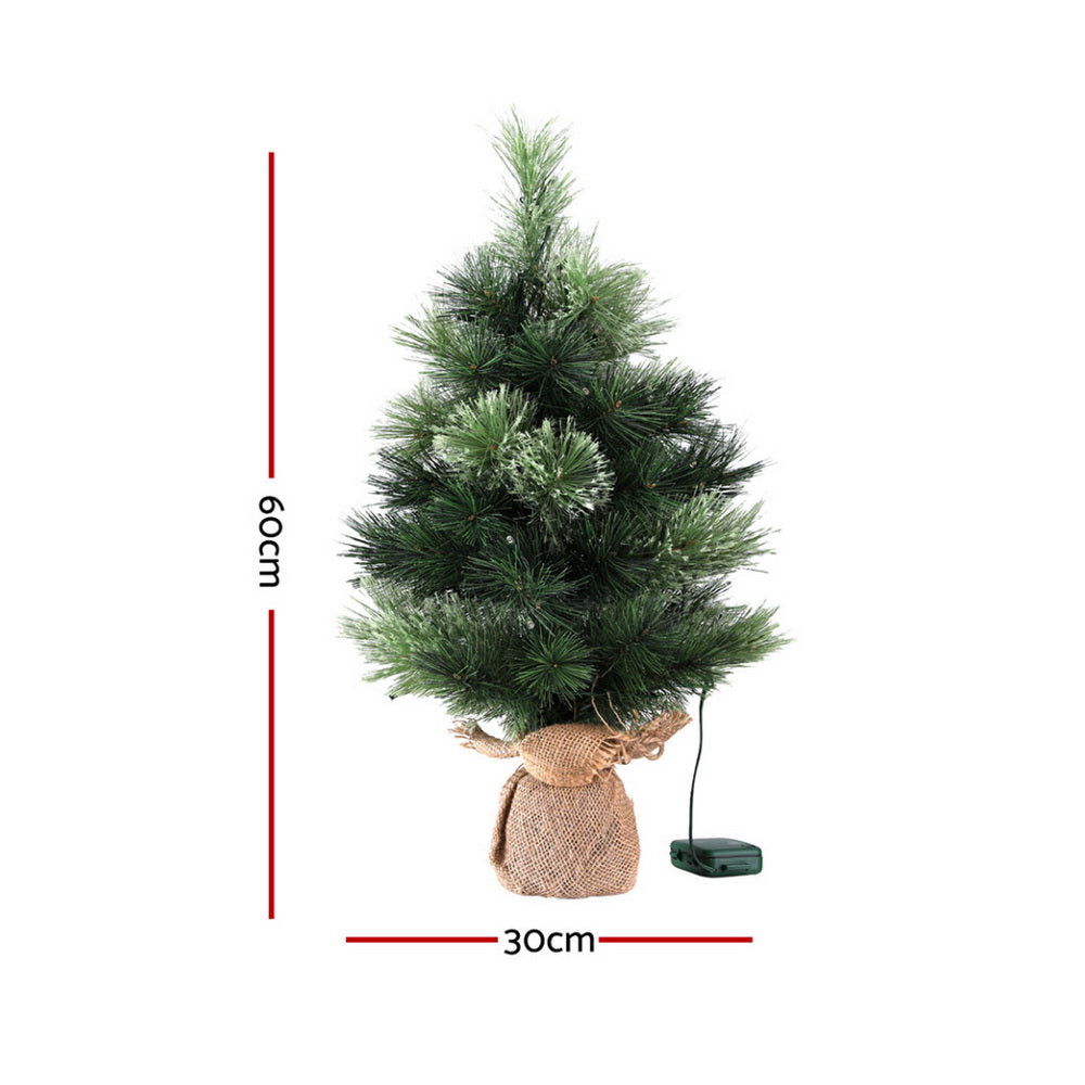 Mini tabletop Christmas tree with dark green needles and warm LED lights, burlap bag base