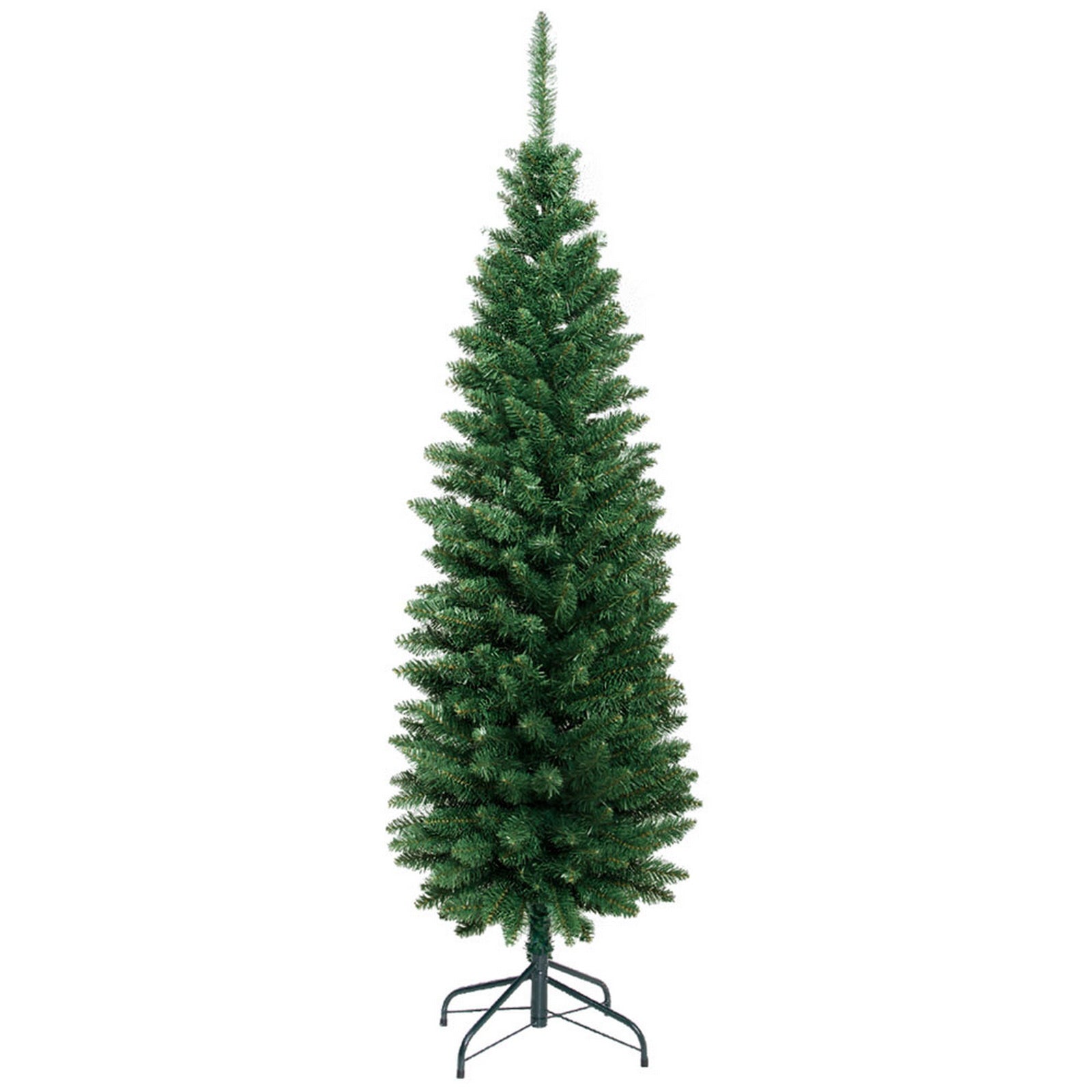 Green artificial Christmas tree with full conical shape and dark stand