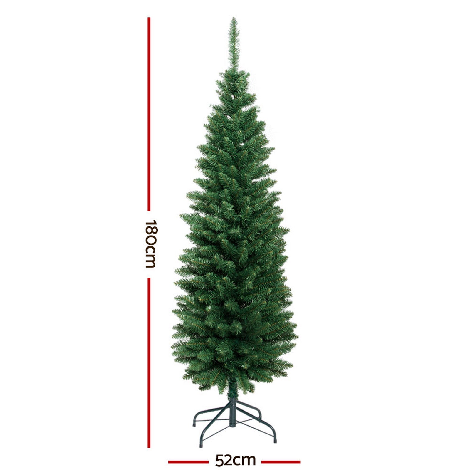 Green artificial Christmas tree on metal stand, 180cm tall, 52cm wide