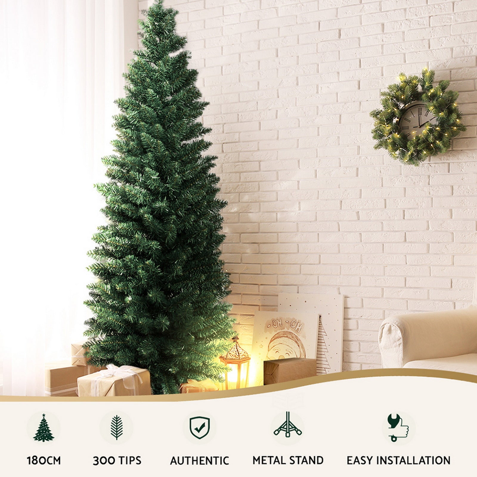 Green artificial Christmas tree with dense foliage on a base stand
