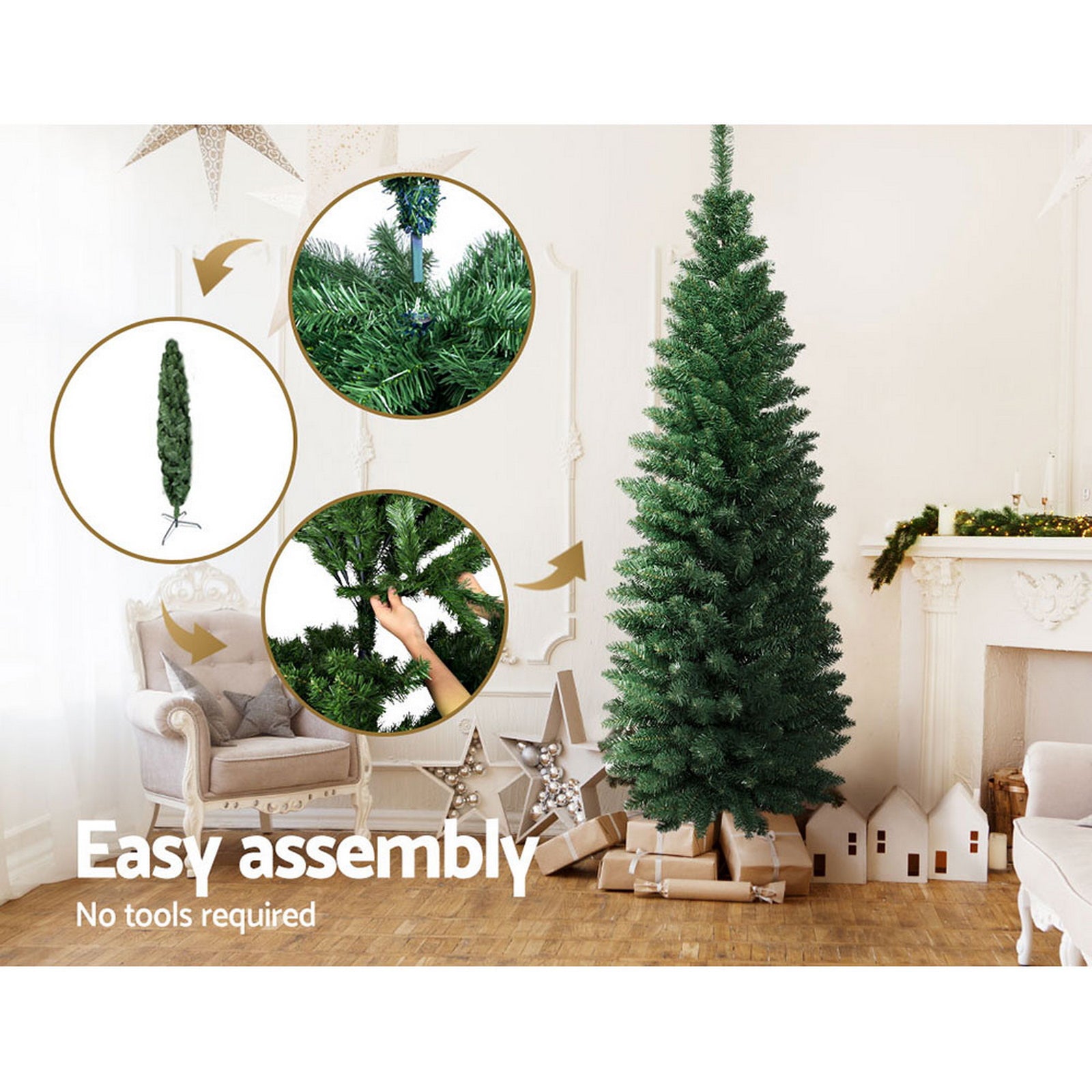 Green artificial Christmas tree with branches and hands during easy assembly