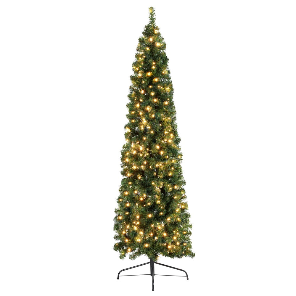 Green artificial corner Christmas tree with warm yellow LED lights and stand