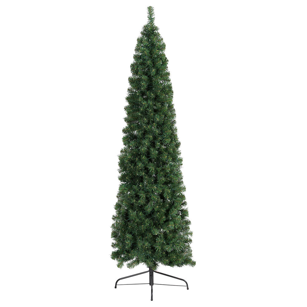 Green artificial Christmas corner tree with dense branch tips and metal stand