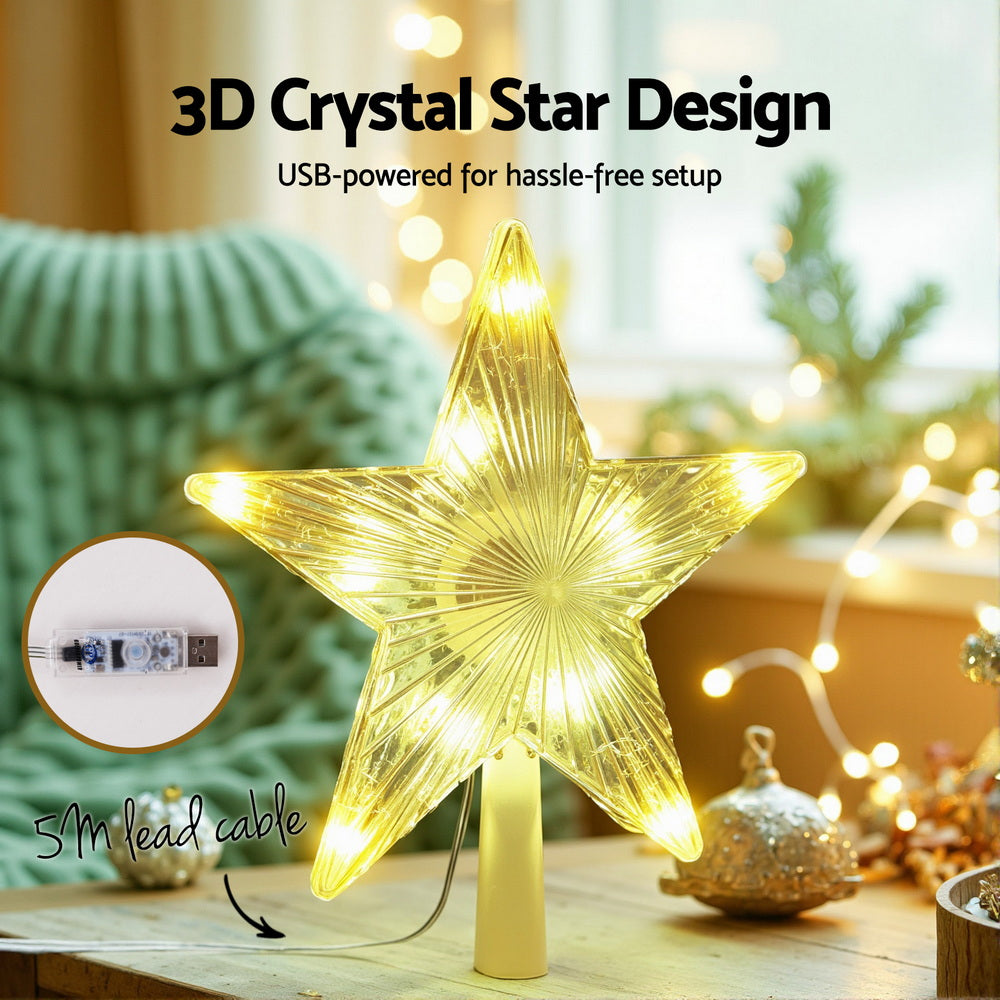 Christmas tree topper star with bright golden LED light and visible power cable