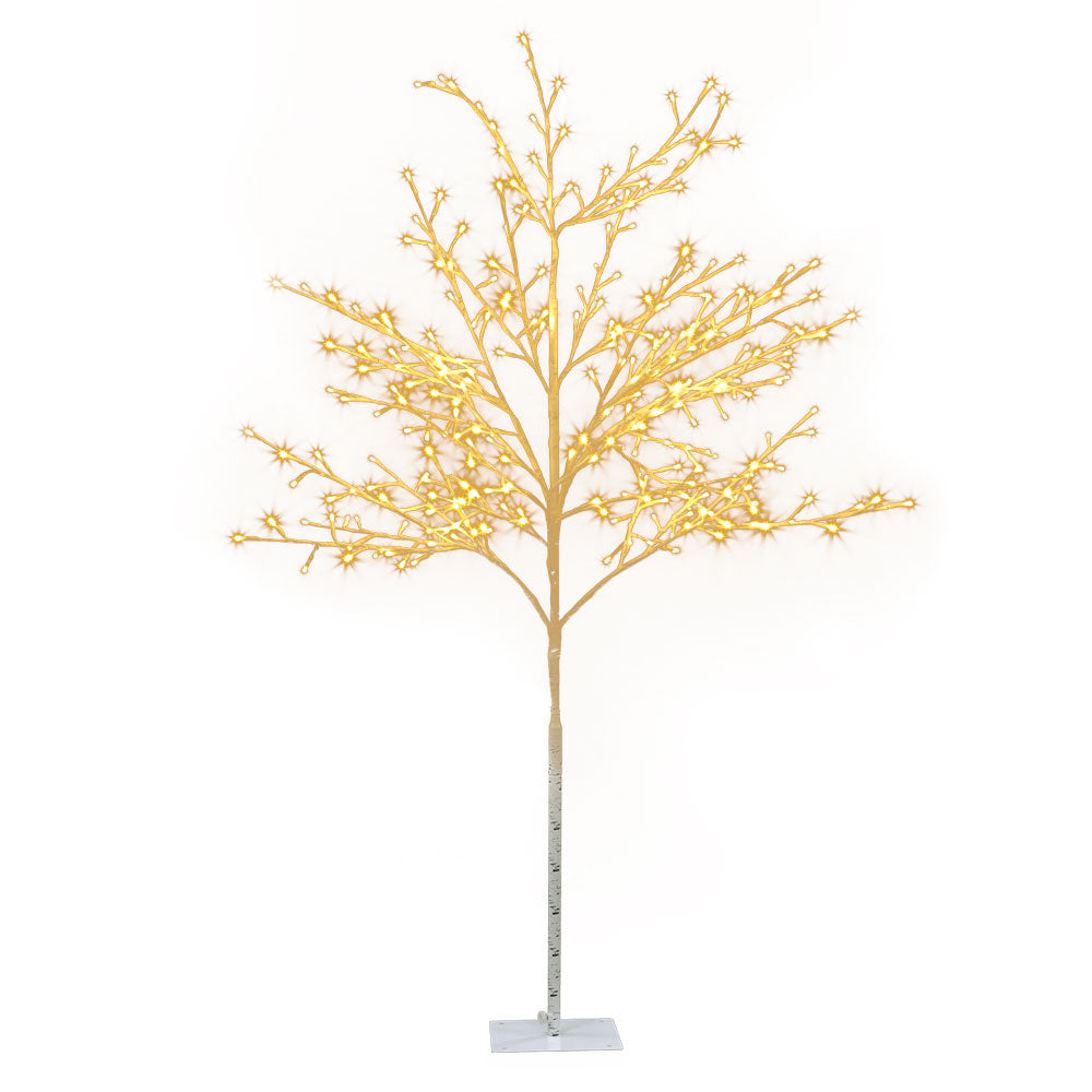 Gold-toned LED light Christmas tree with base stand and twig branches
