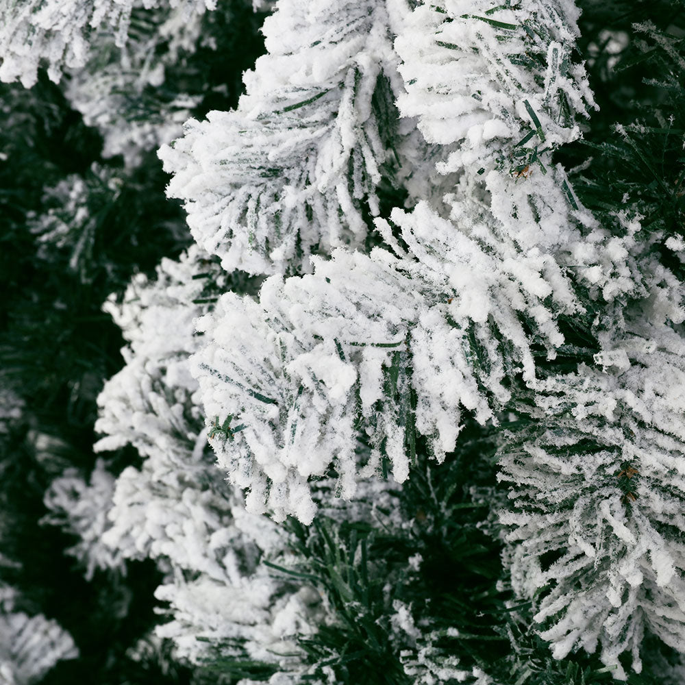Snow flocked Christmas tree branches with frosted tips and green needle highlights