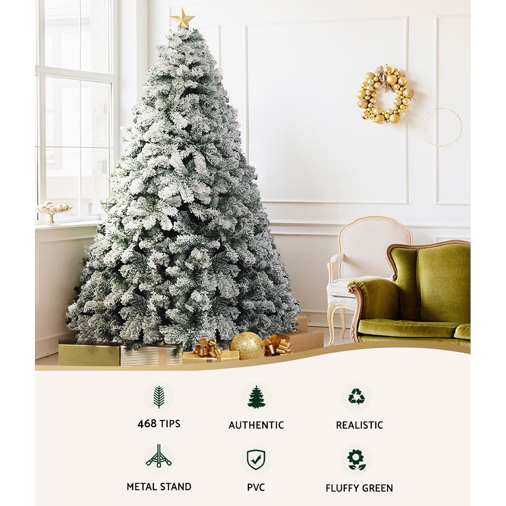 Snow flocked Christmas tree standing indoors with dense branches and metal stand