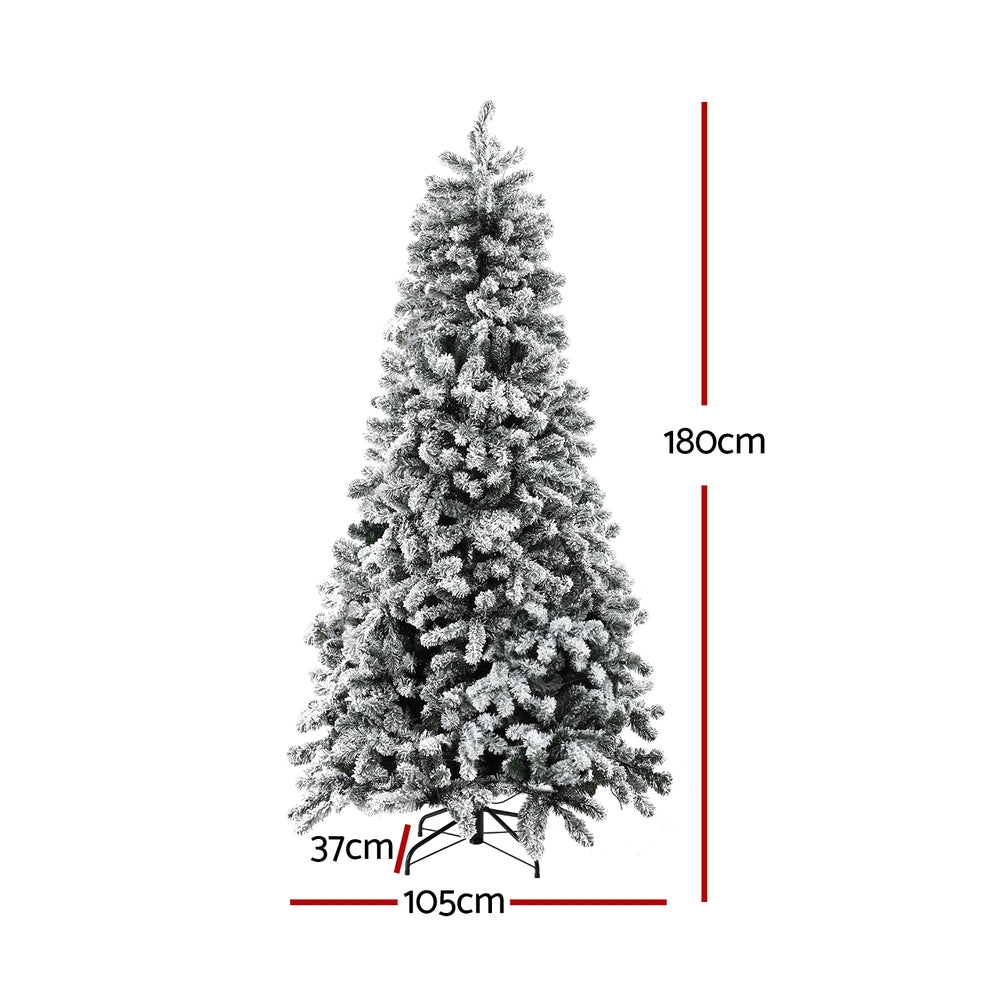 Snow-frosted 180 cm Christmas tree with warm white LED lights and metal stand