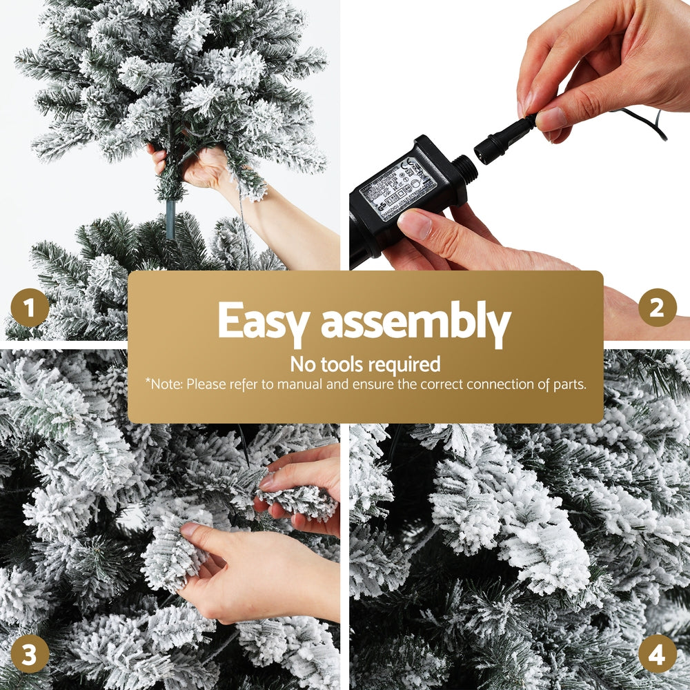 Snow-frosted Christmas tree with warm white LED lights and power adapter