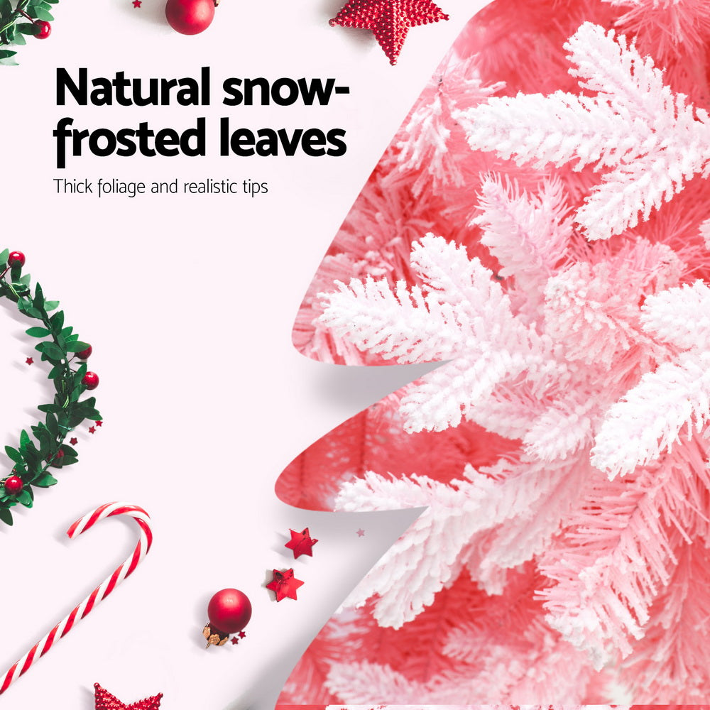 Snow-frosted white-tipped branches on a pink Christmas tree
