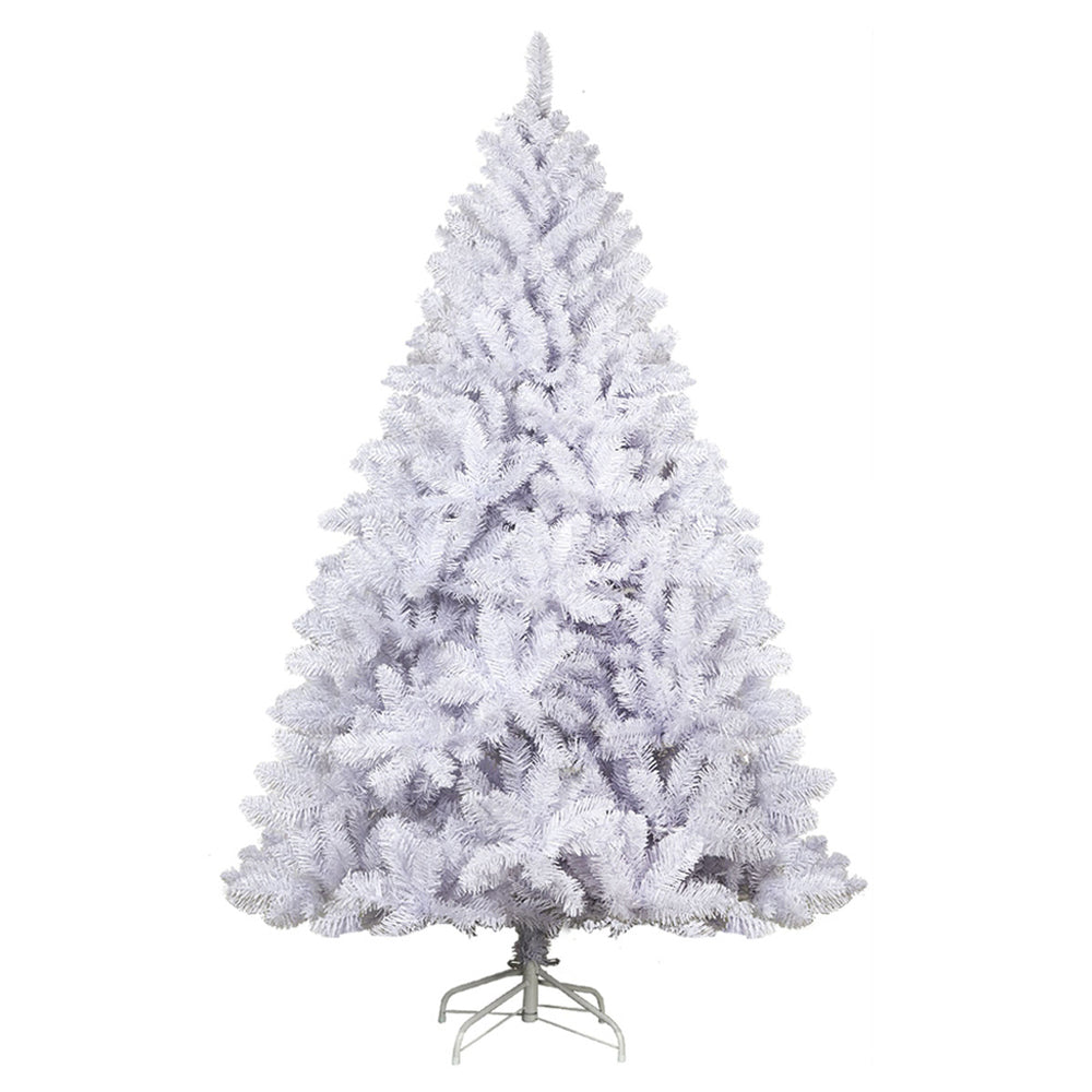 Artificial Christmas tree with white tips and full, fluffy branches on a metal stand