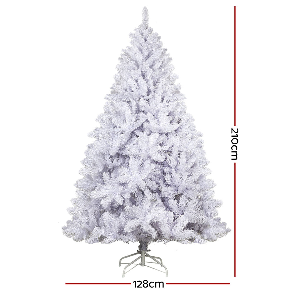Artificial Christmas tree with white tips and metal stand, front view with size guide lines
